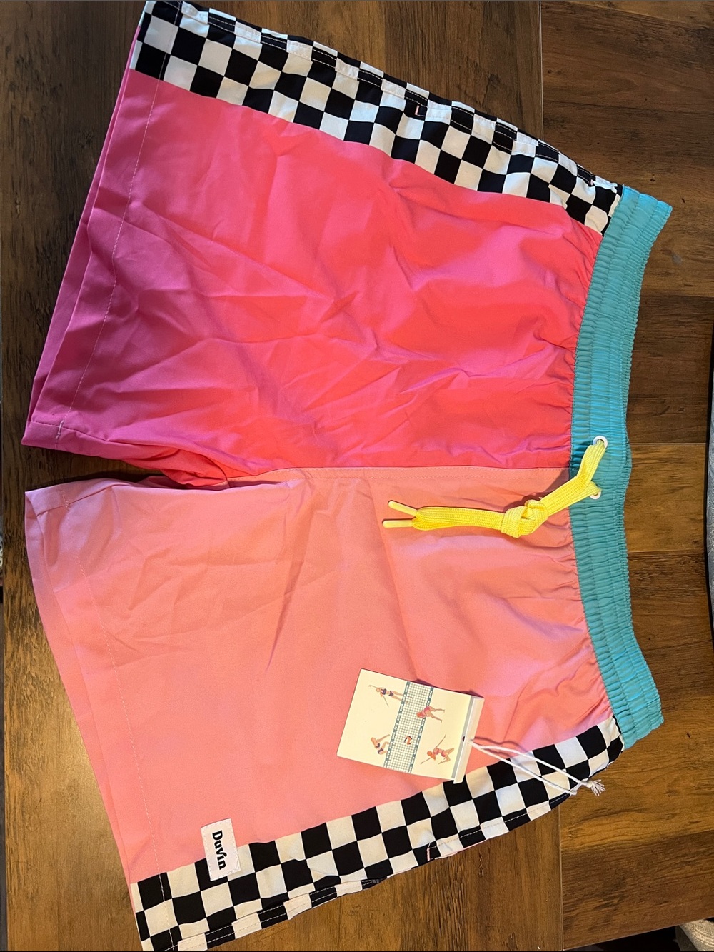 Men's Pink Colorblock Swim Trunks with Checkerboard Panels